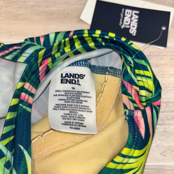 Lands' End Kids Swim One Piece - Green and Pink Leaf Print - Picture 2 of 3